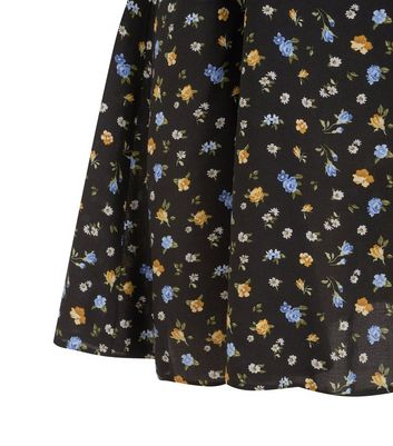 Image of Black Ditsy Floral V Neck Tie Sleeve Tea Dress New Look