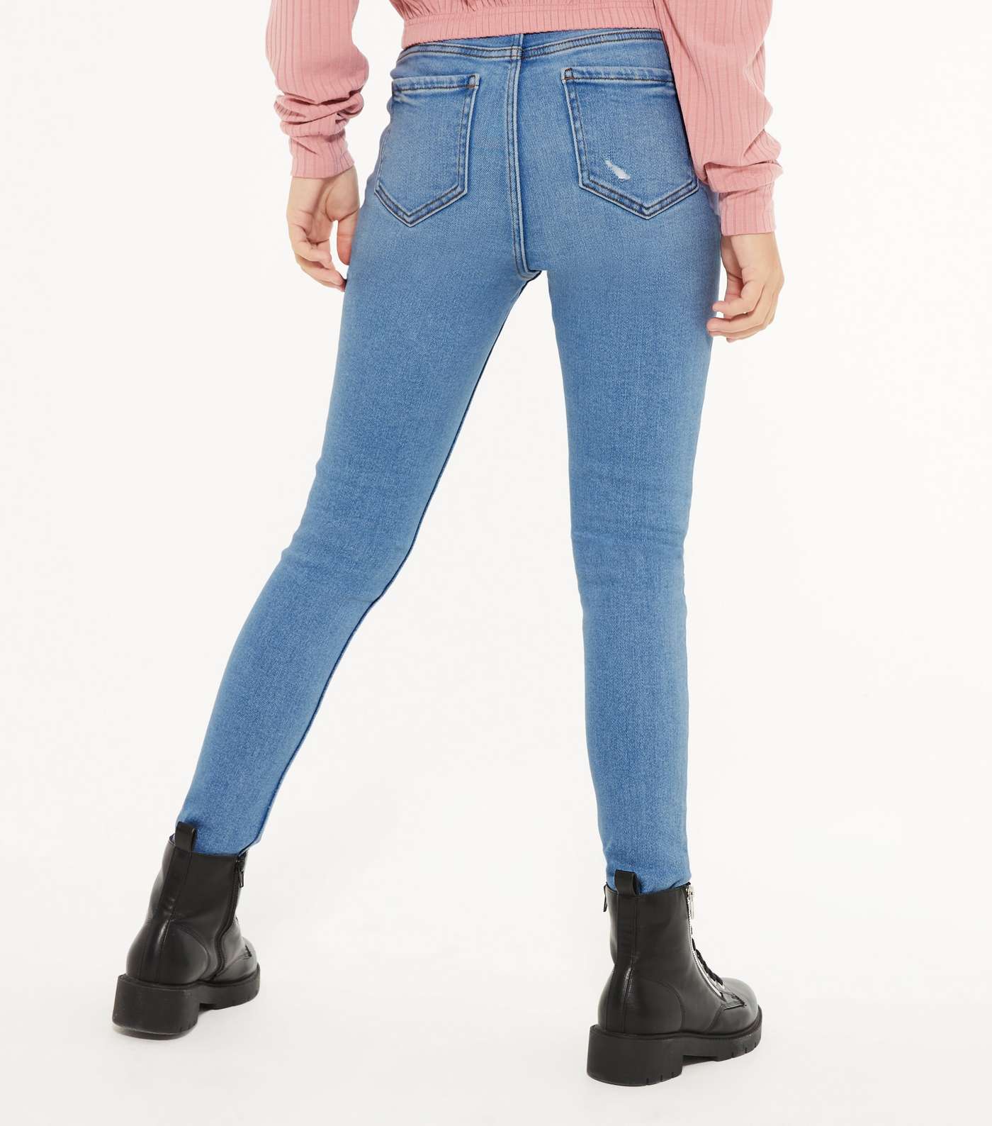 Girls Blue Mid Wash Ripped Hallie Super Skinny Jeans  Image 3