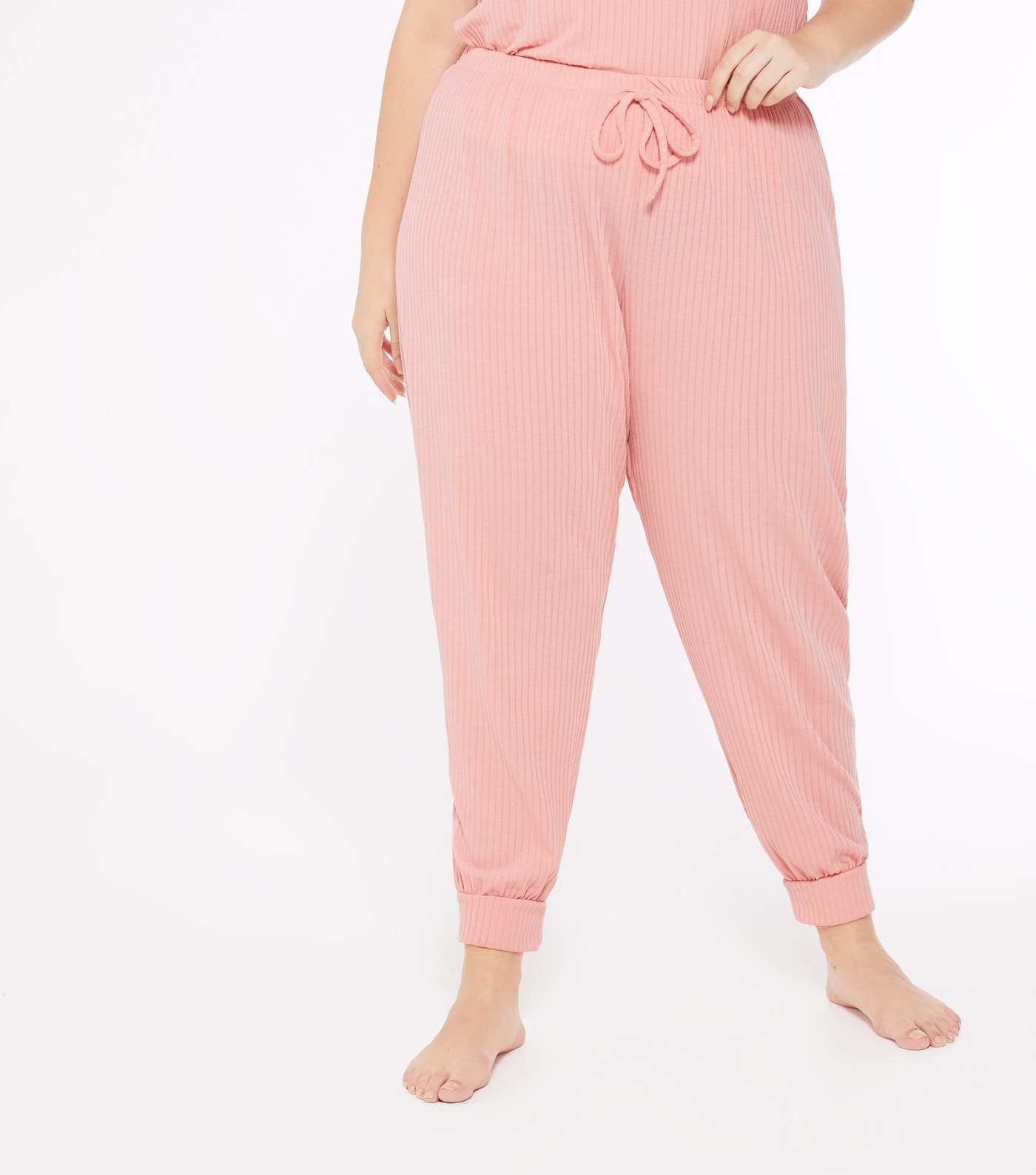 Curves Pink Ribbed Jersey Lounge Joggers Image 2