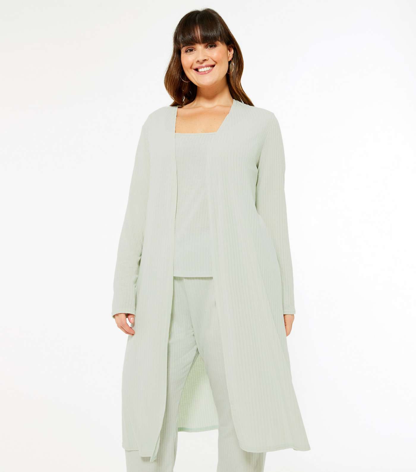 Curves Light Green Ribbed Jersey Lounge Robe
