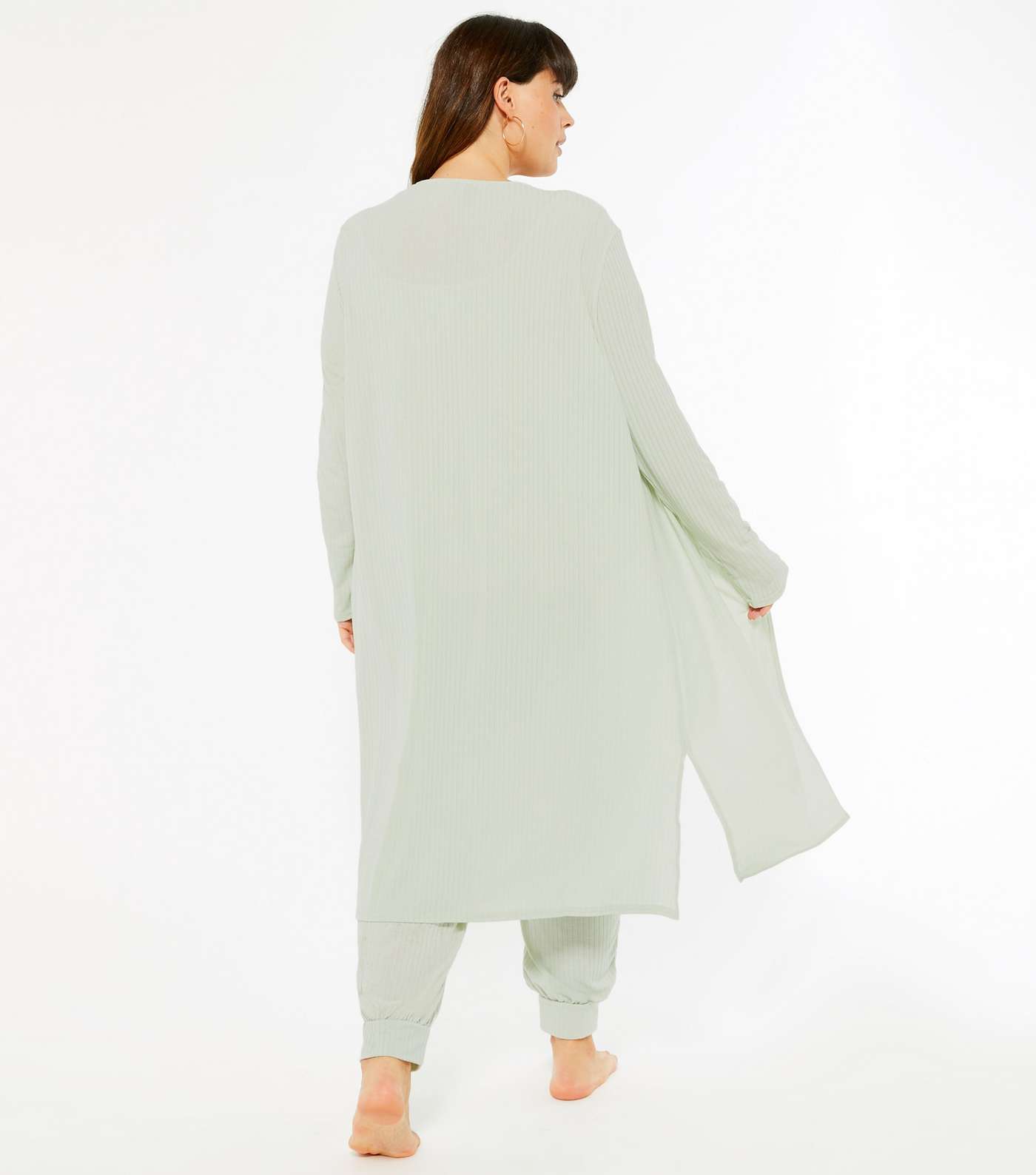 Curves Light Green Ribbed Jersey Lounge Robe Image 3