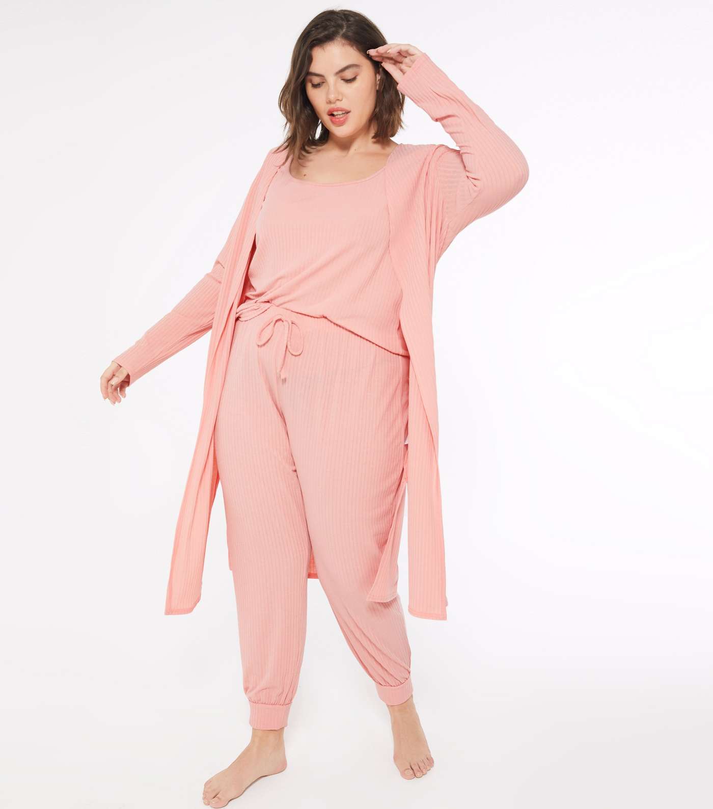 Curves Pink Ribbed Jersey Lounge Robe Image 2