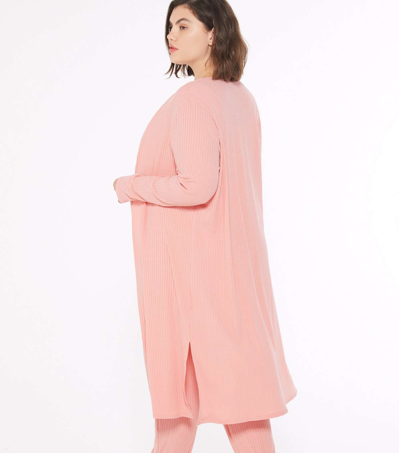 Curves Pink Ribbed Jersey Lounge Robe Image 4