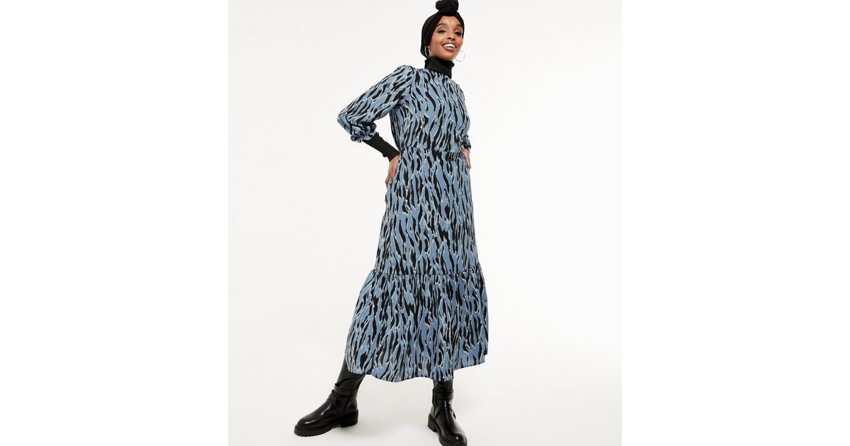 Blue Zebra Print Tiered Midi Dress | New Look