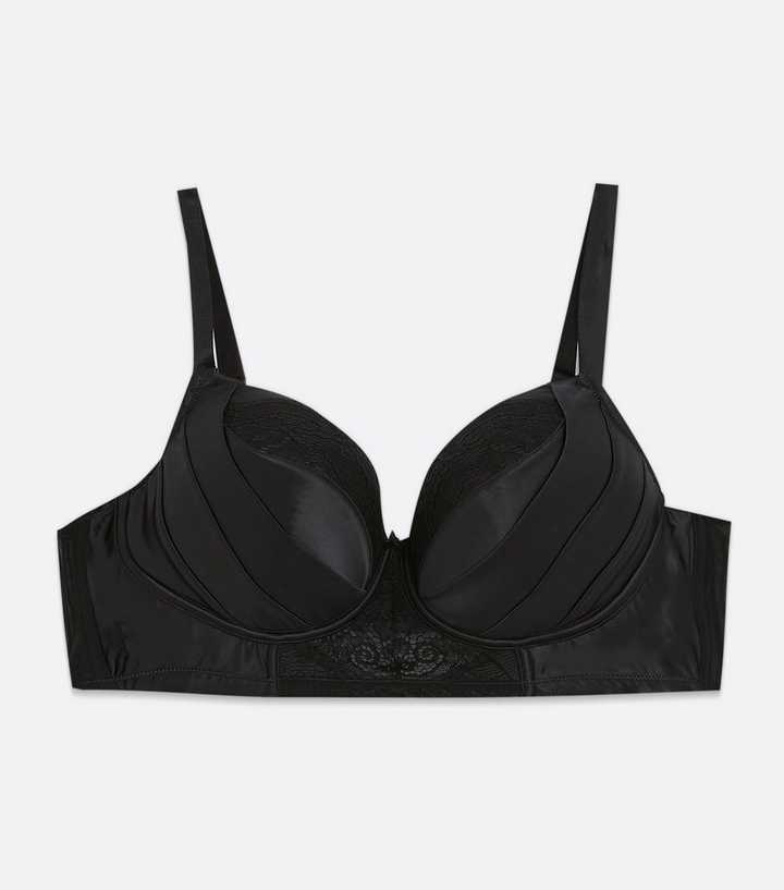 Curves Black Satin Pleated Lace Trim Push Up Bra