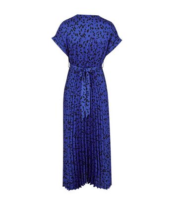 Image of Blue Pleated Satin Spot Belted Midi Dress New Look