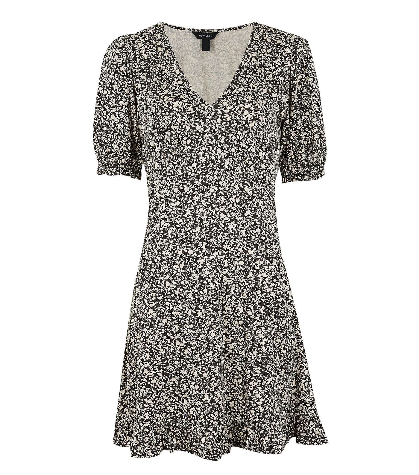 Black Floral Jersey Puff Sleeve Mini Tea Dress Image 5