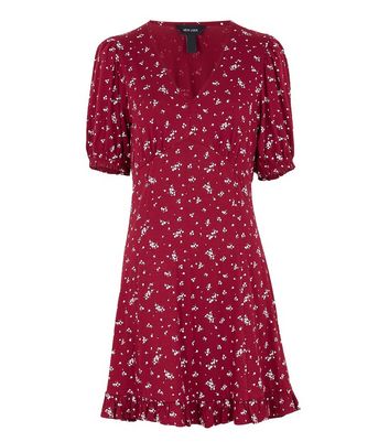 Red Floral Jersey Puff Sleeve Mini Tea Dress | New Look