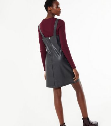 Tall Black Leather-Look Mini Pinafore 