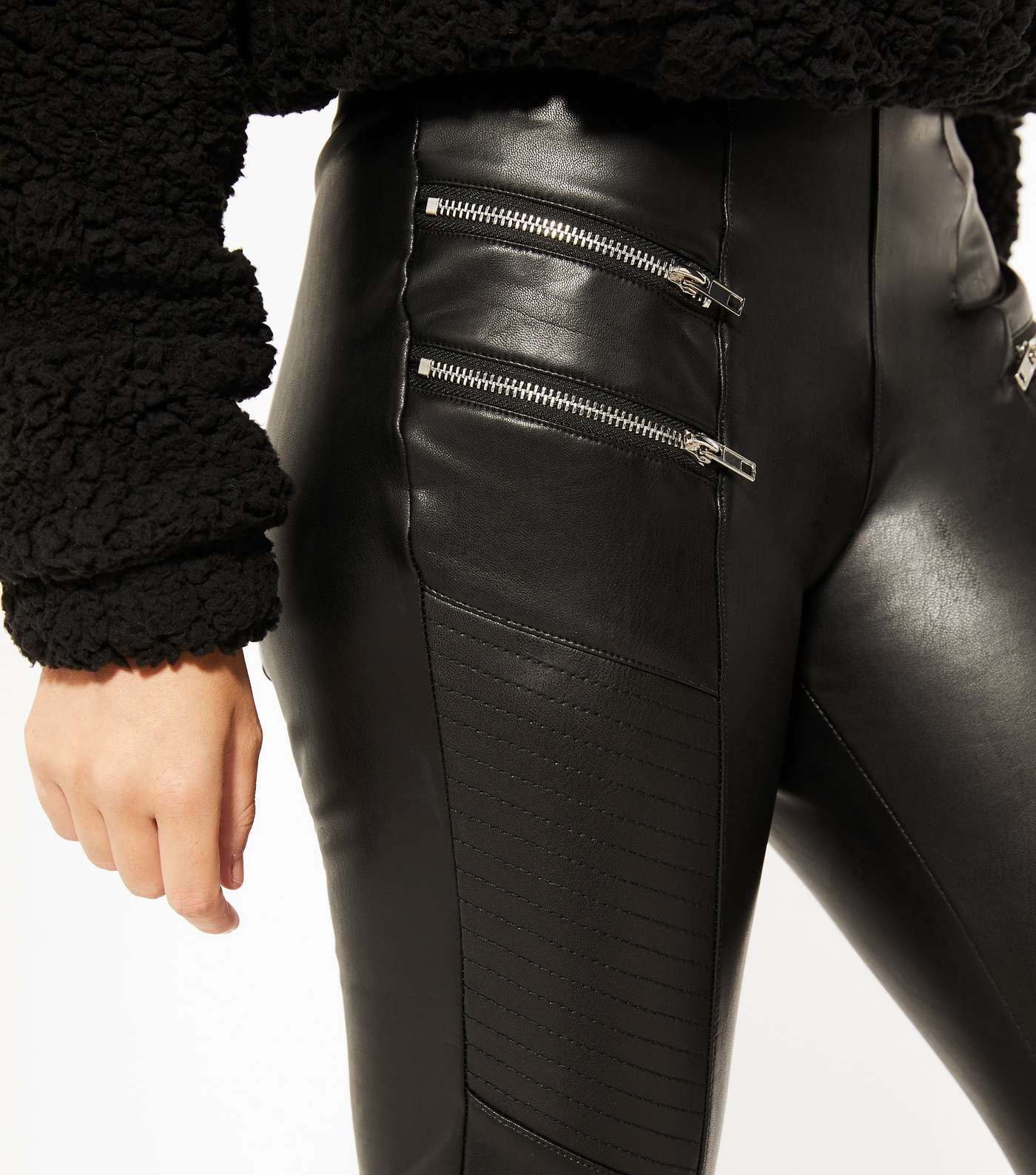 Petite Black Leather-Look Zip Biker Leggings Image 4