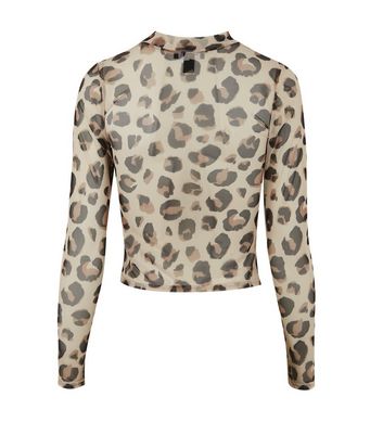Image of Brown Leopard Print Mesh High Neck Top New Look