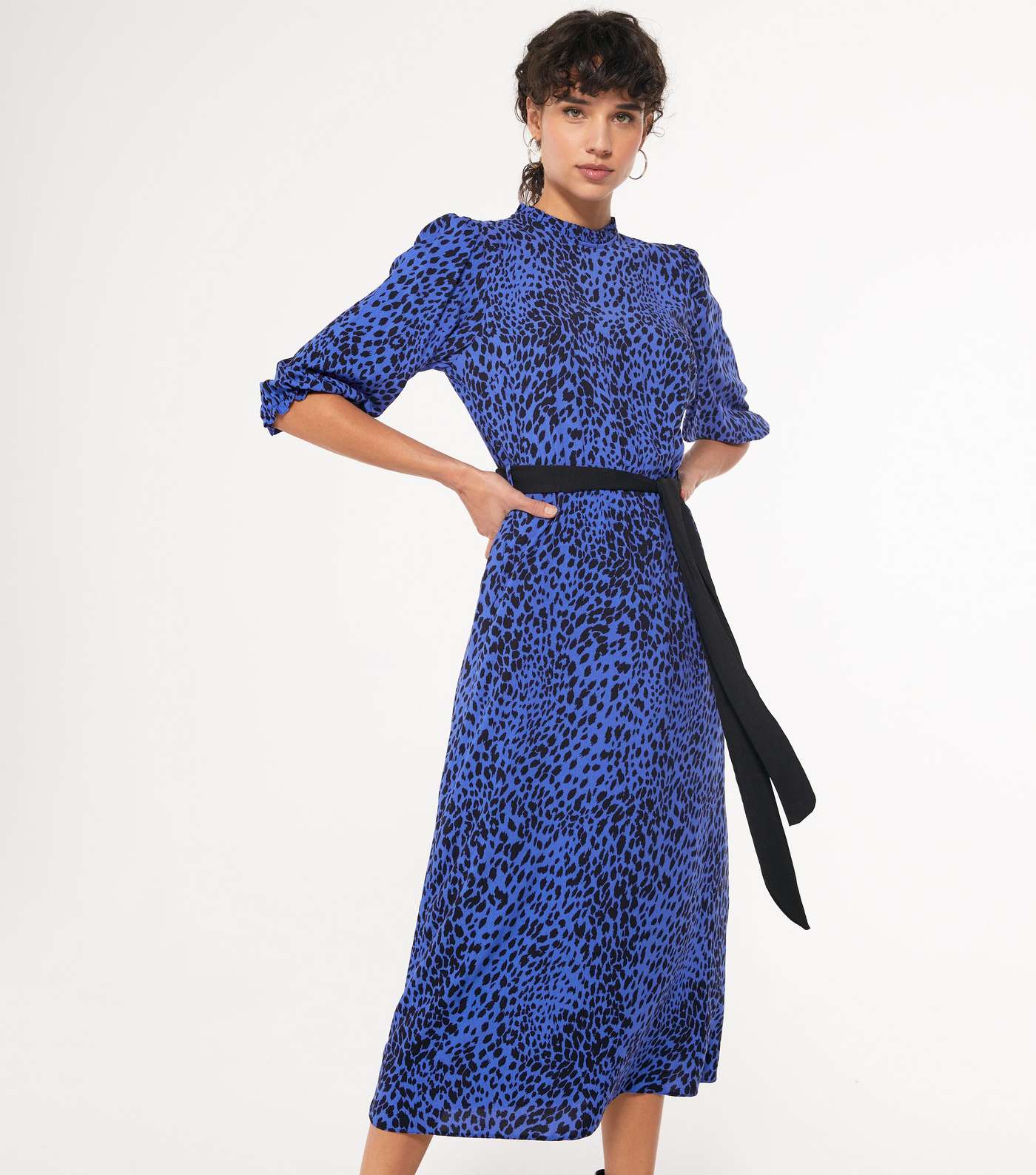 Blue Leopard Print Puff Sleeve Belted Midi Dress Image 2