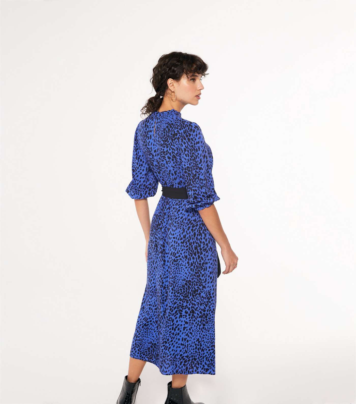Blue Leopard Print Puff Sleeve Belted Midi Dress Image 4