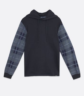 Image of Only & Sons Navy Check Sleeve Hoodie New Look