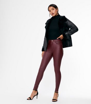 Noisy May Burgundy Leather-Look Skinny 