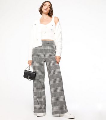 Image of Black Check Jersey Wide Leg Trousers New Look