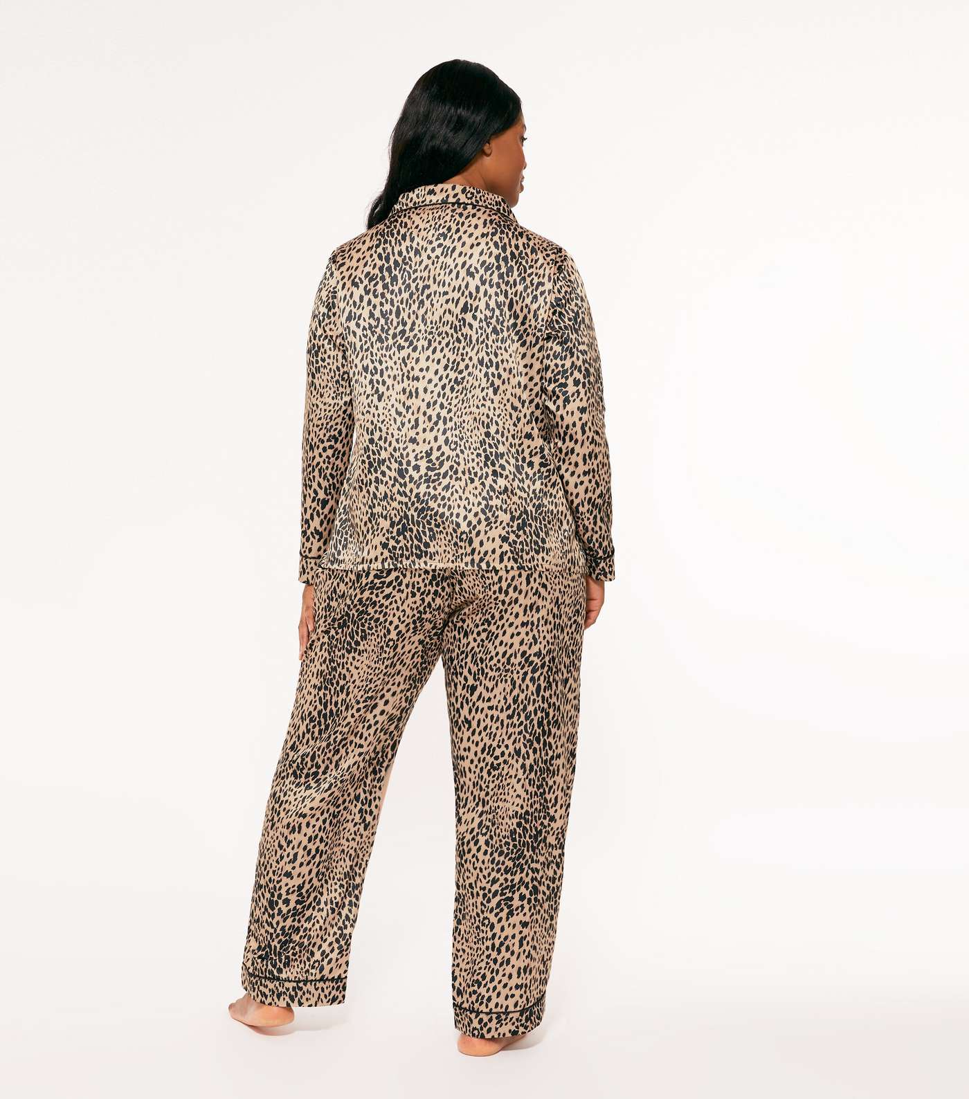 Curves Brown Leopard Print Satin Pyjama Set Image 5