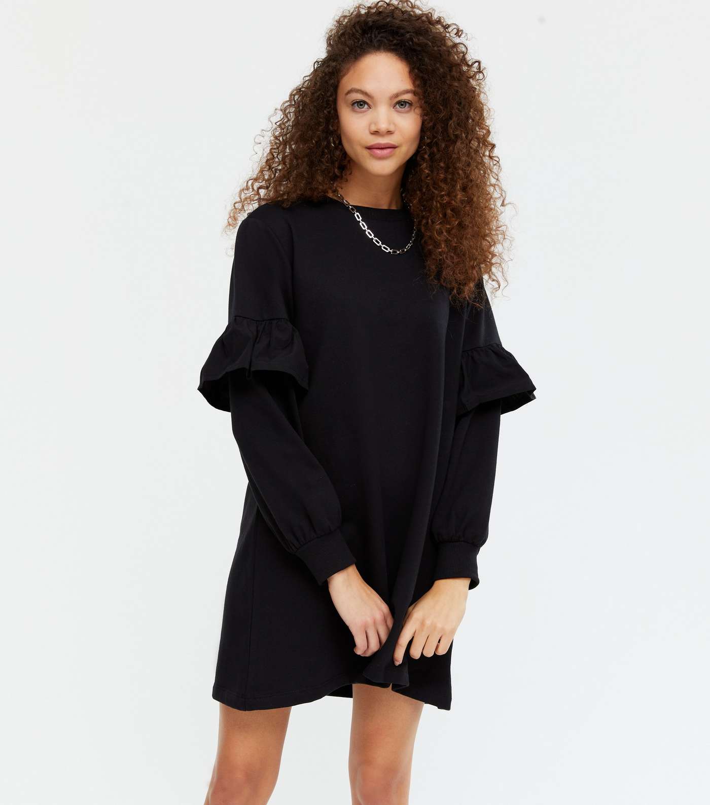 Petite Black Frill Trim Sweatshirt Dress