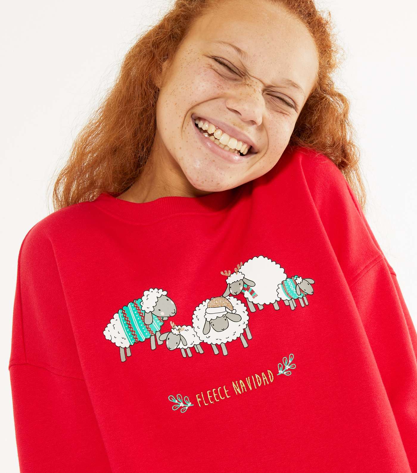 Girls Red Sheep Fleece Navidad Slogan Christmas Sweatshirt Image 2