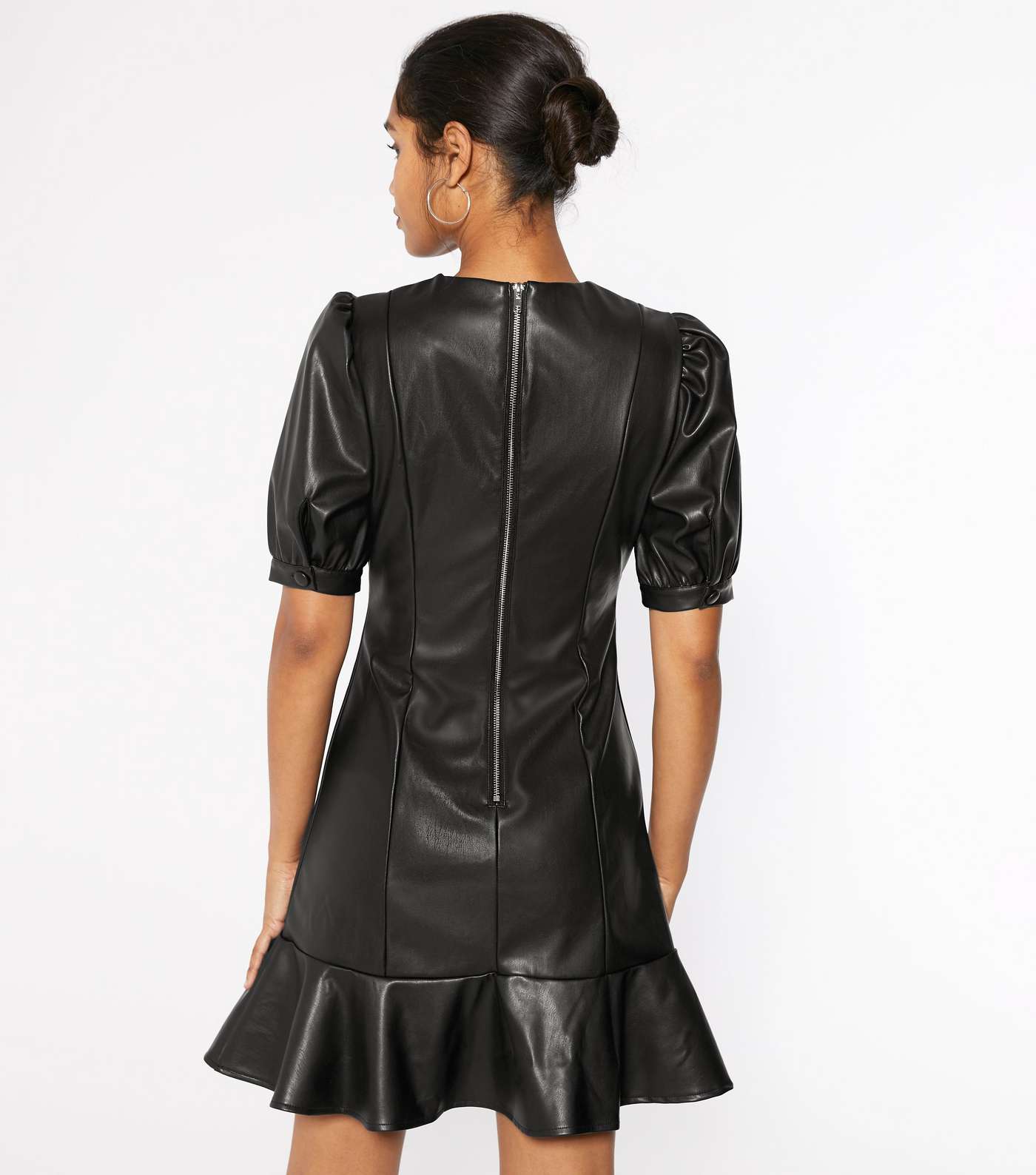 Black Leather-Look Ruffle Hem Mini Dress Image 3