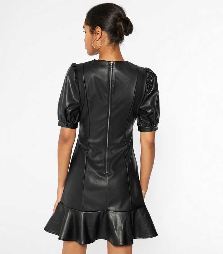 knee length dresses for ladies Just Cavalli Black Leather Ruffle Mini Dress
