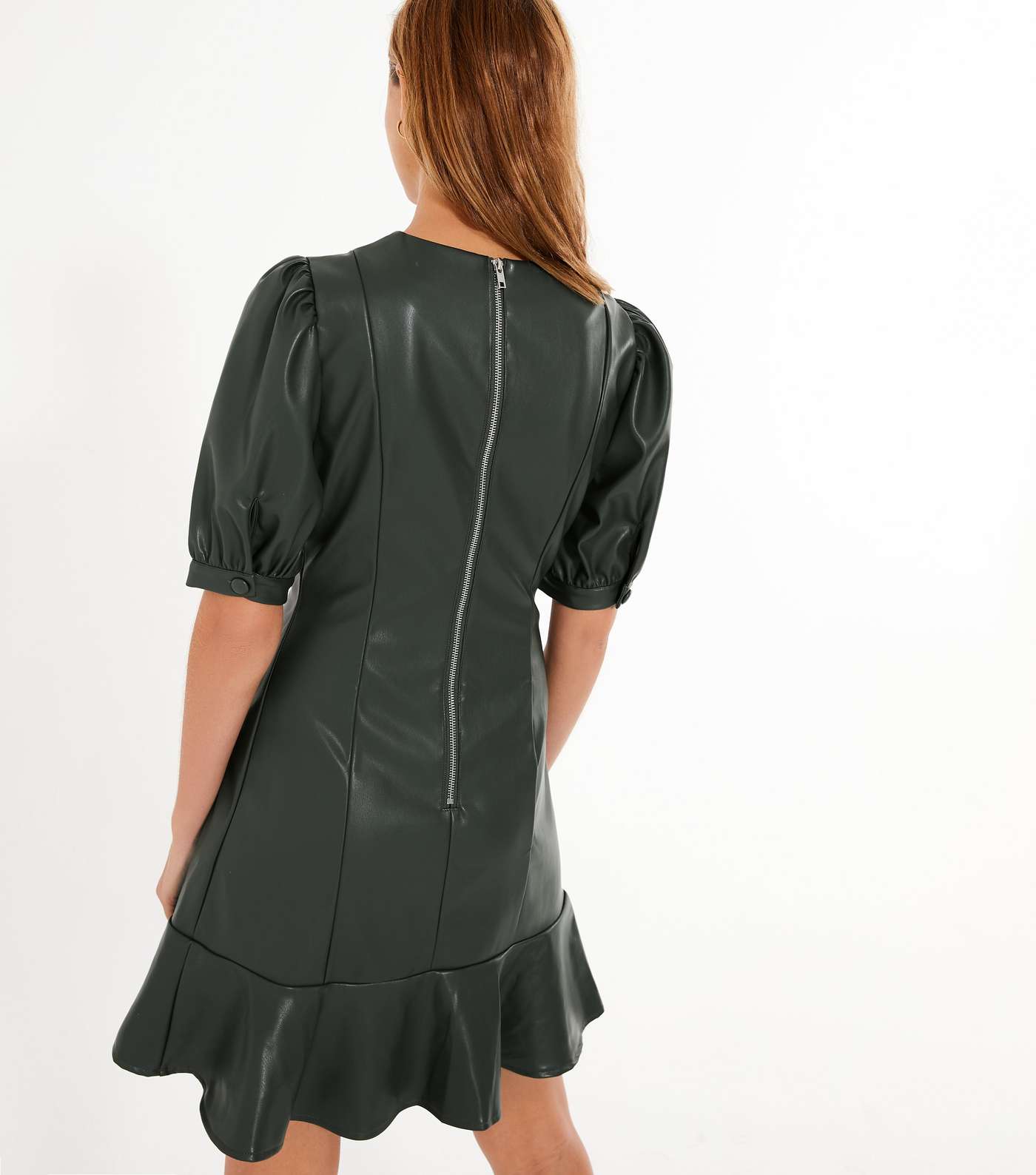 Dark Green Leather-Look Ruffle Hem Mini Dress Image 3