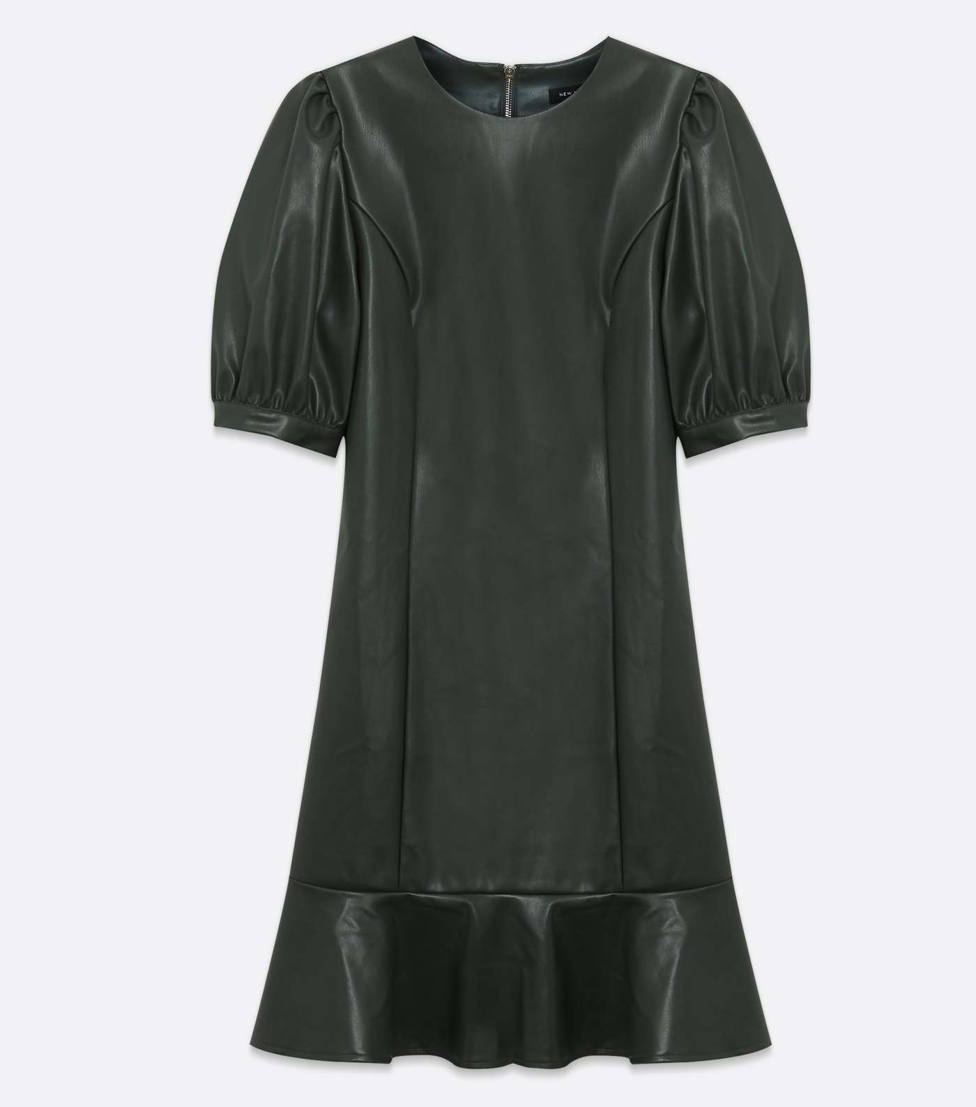 Dark Green Leather-Look Ruffle Hem Mini Dress Image 5