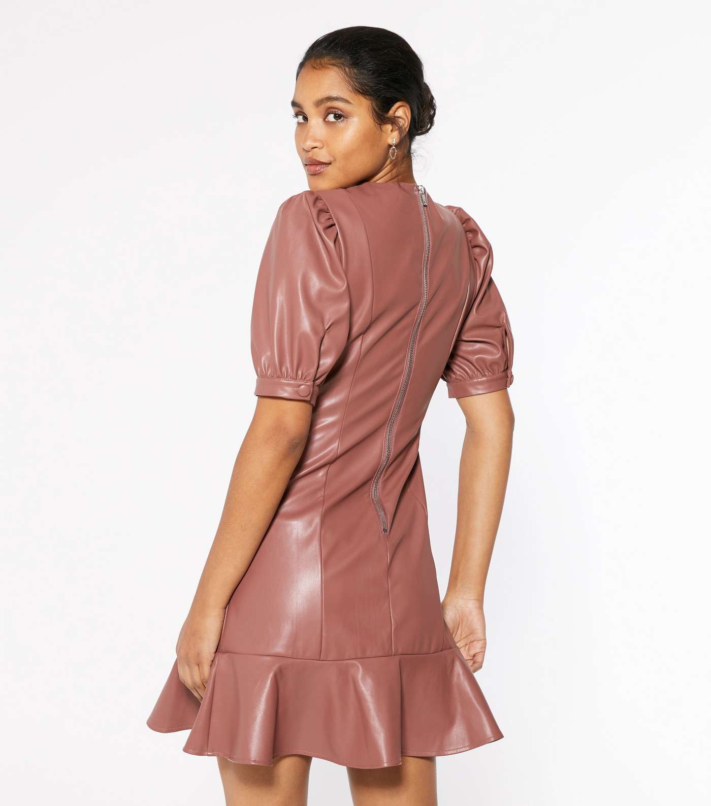 Mid Pink Leather-Look Ruffle Hem Mini Dress Image 3