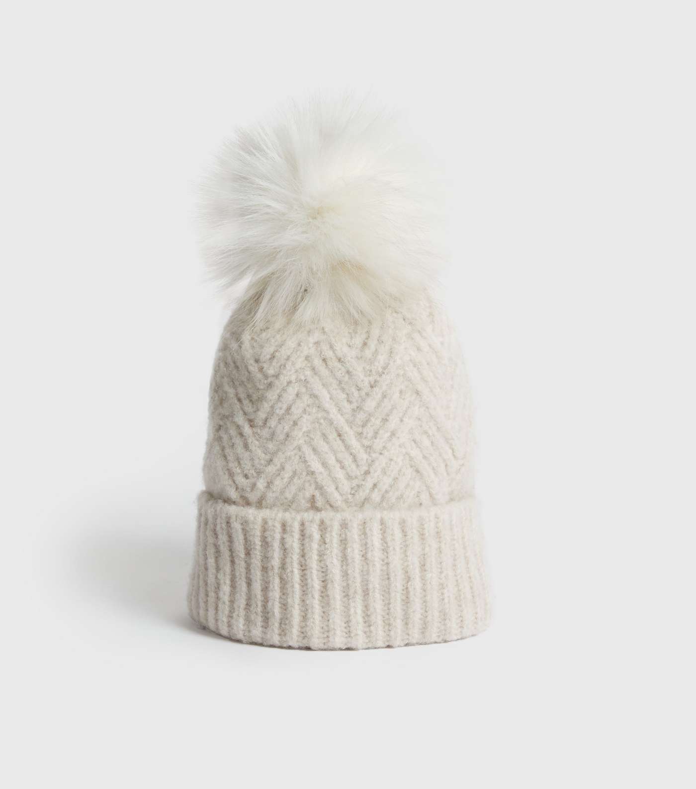 Cream Soft Chevron Knit Faux Fur Bobble Hat 