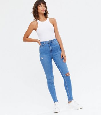 Bright Blue Ripped High Waist Hallie Super Skinny Jeans | New Look
