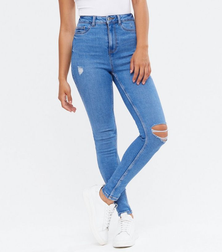 Bright Blue Ripped High Waist Hallie Super Skinny Jeans New Look