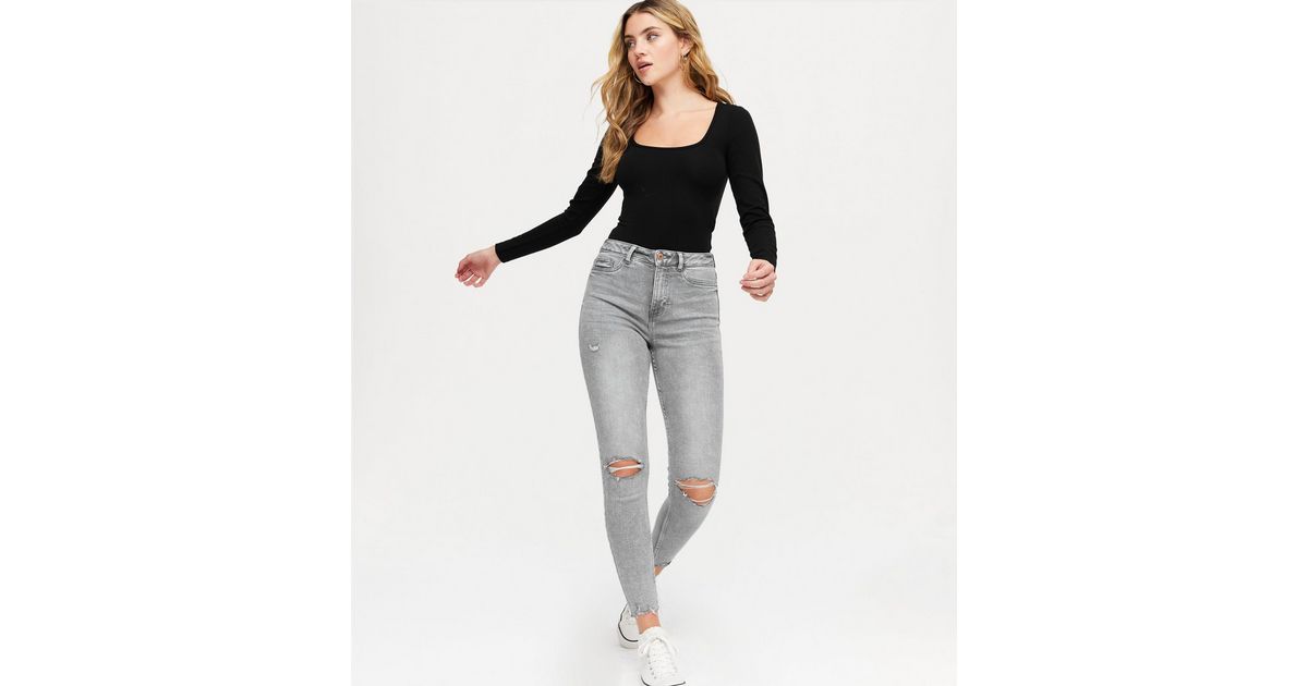 Grey High Waist Ripped Hallie Super Skinny Jeans | New Look