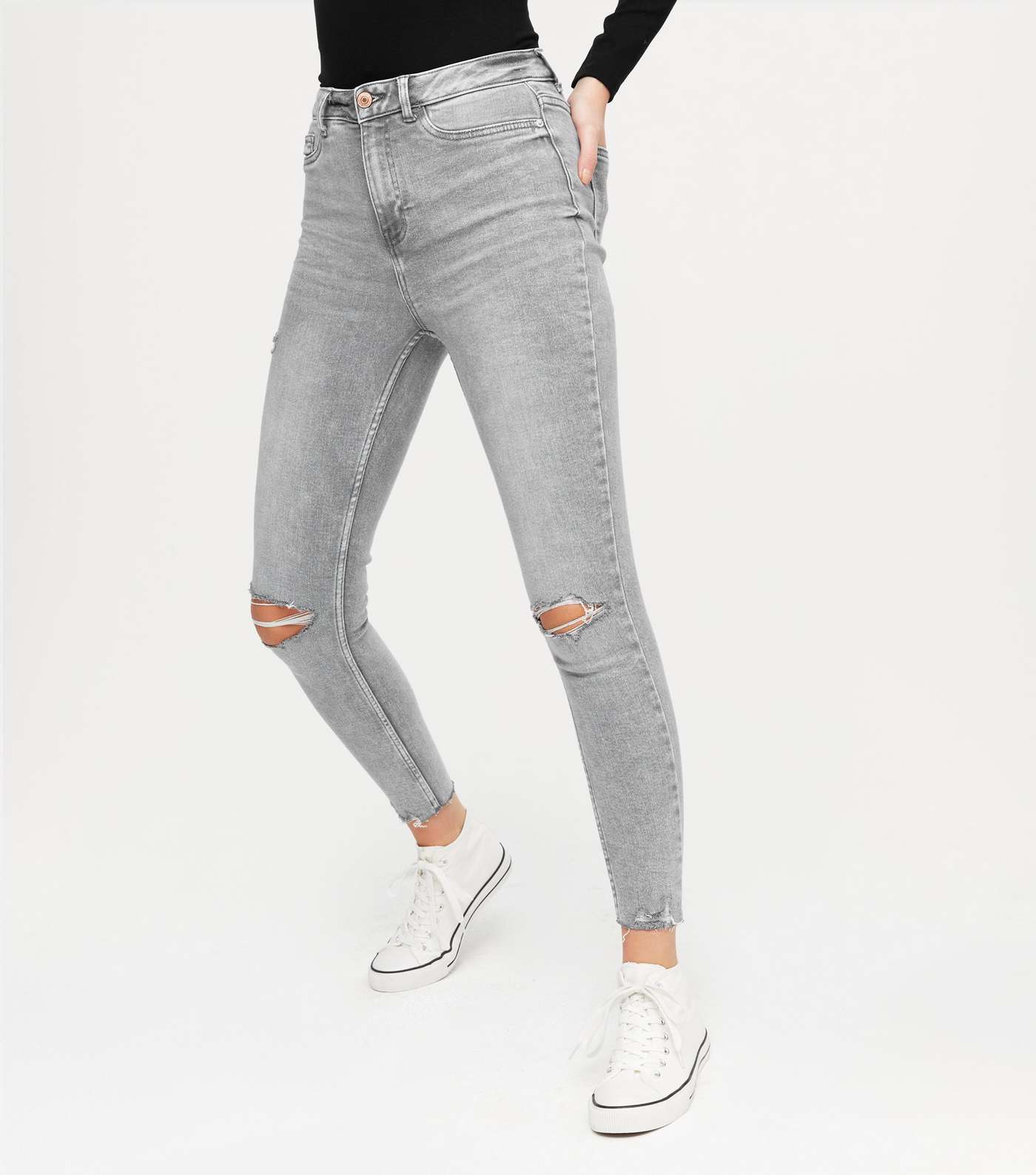 Grey High Waist Ripped Hallie Super Skinny Jeans Image 2