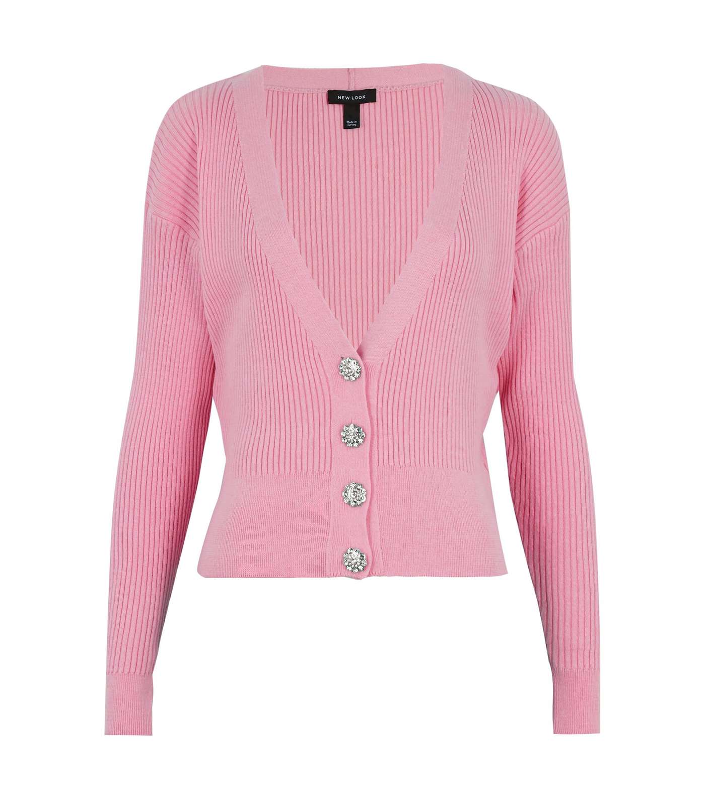 Pink Ribbed Knit Gem Button Cardigan