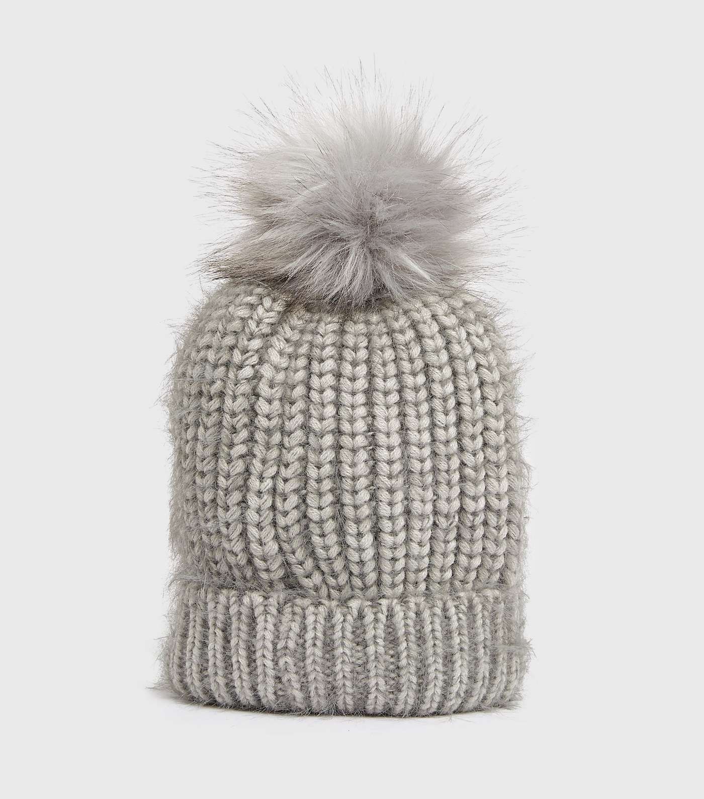 Grey Brushed Ribbed Knit Faux Fur Bobble Hat