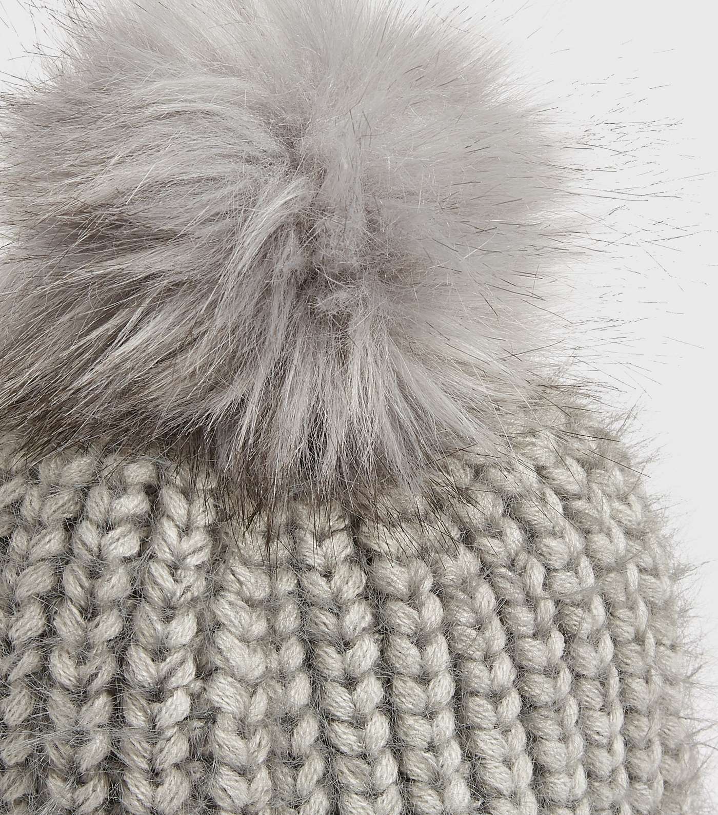 Grey Brushed Ribbed Knit Faux Fur Bobble Hat Image 3