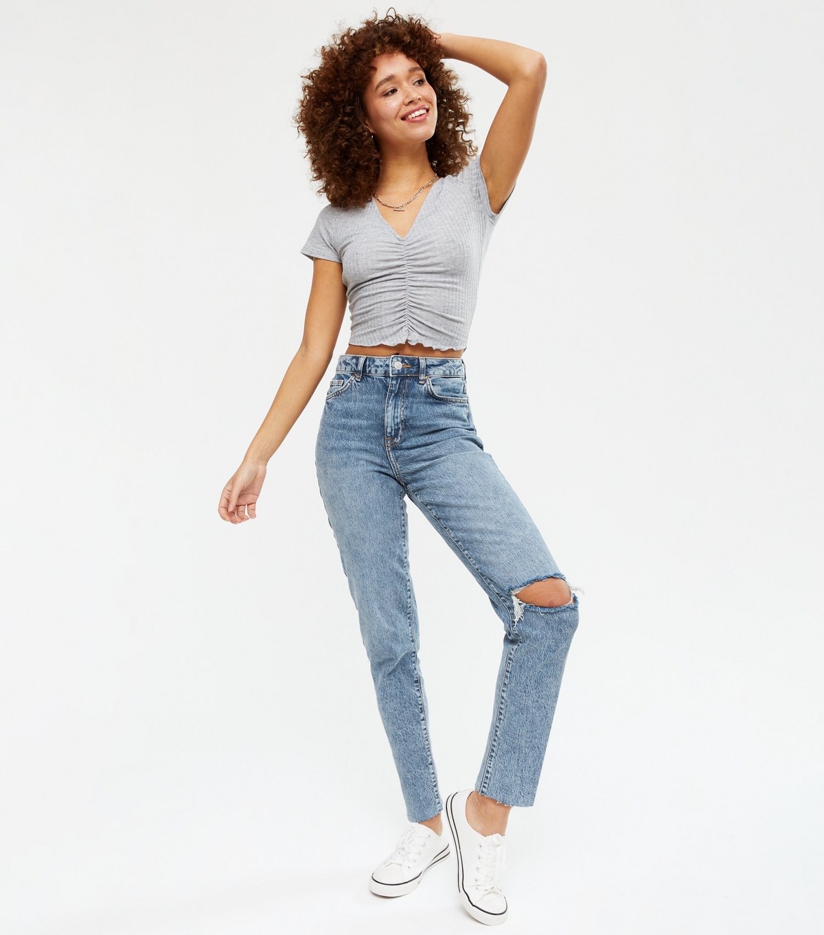 Women's Blue Ripped Knee High Waist Tori Mom Jeans New Look