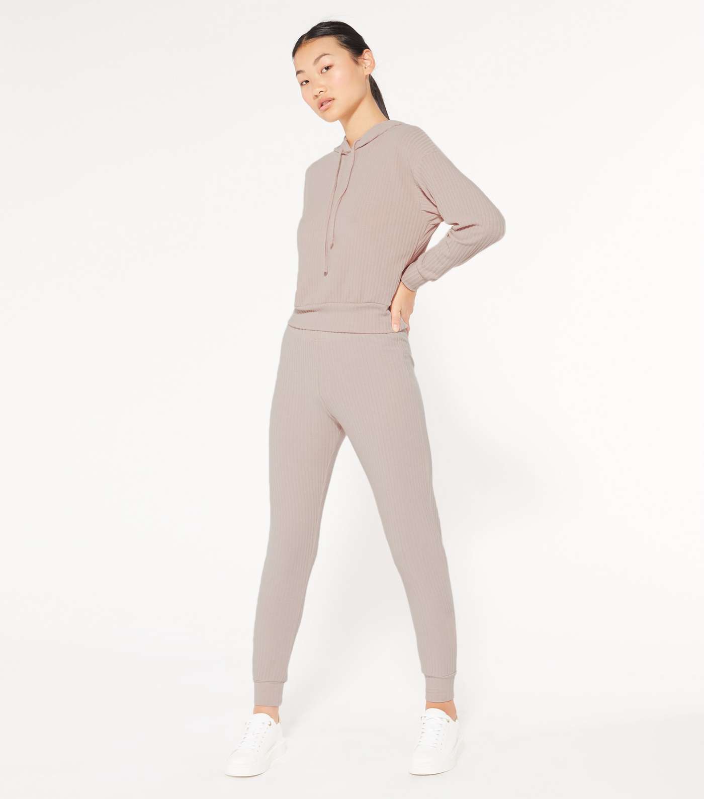 Petite Pale Pink Ribbed Hoodie and Joggers Set