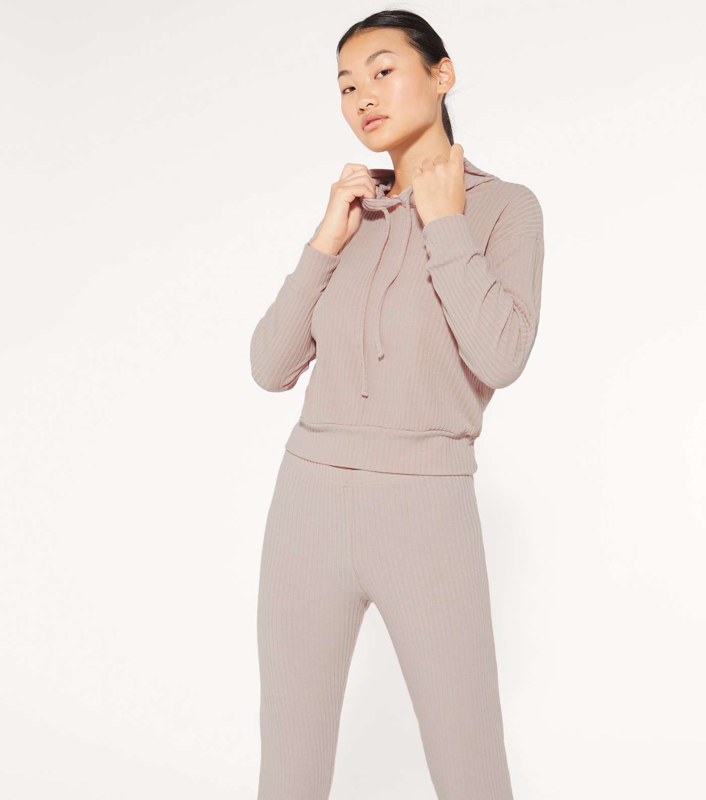 Petite Pale Pink Ribbed Hoodie and Joggers Set Image 3