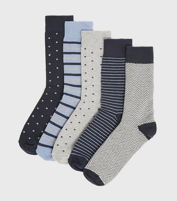 Image of 5 Pack Navy and Grey Stripe Spot Socks New Look