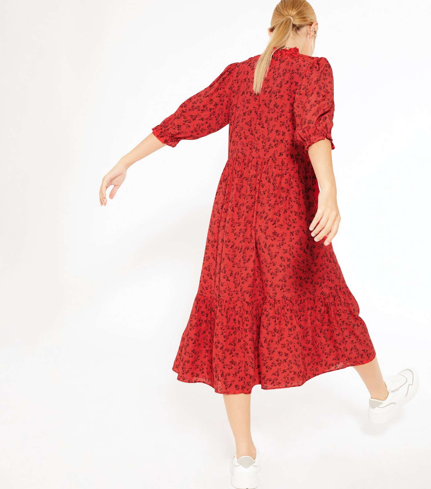 Petite Red Floral Frill Neck Tiered Midi Dress Image 3