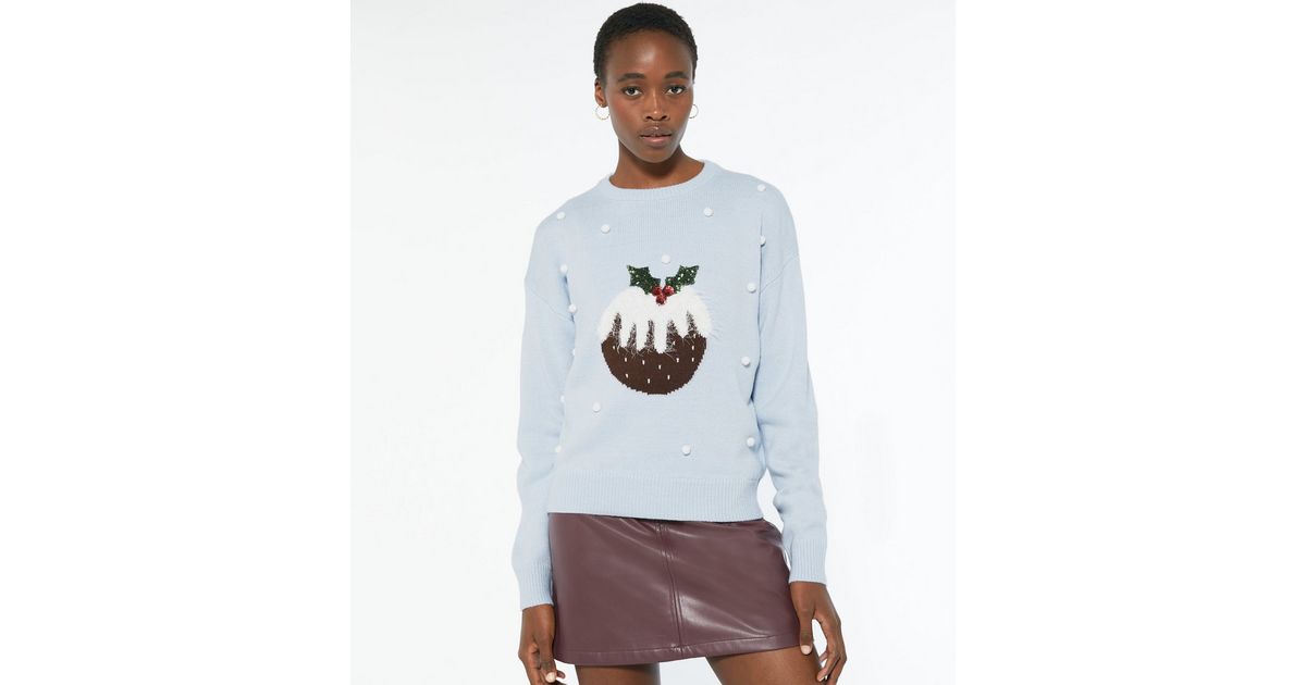 Tall Blue Christmas Pudding Bobble Jumper | New Look