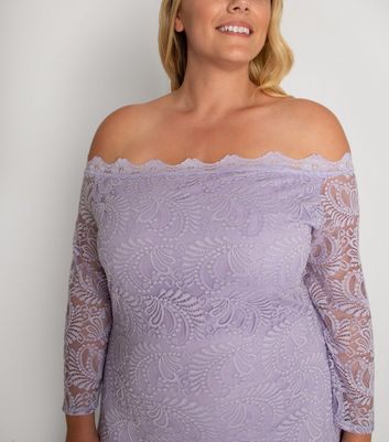 Image of Aarya Curve Lilac Lace Bardot Dress New Look