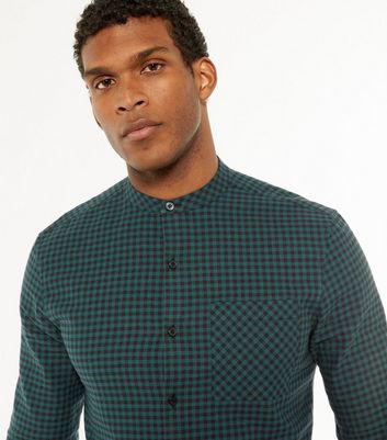Dark Green Check Grandad Collar Shirt 