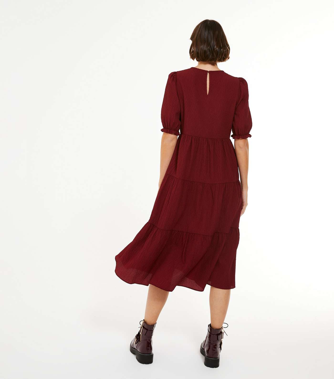 Burgundy Puff Sleeve Smock Midi Dress  Image 3