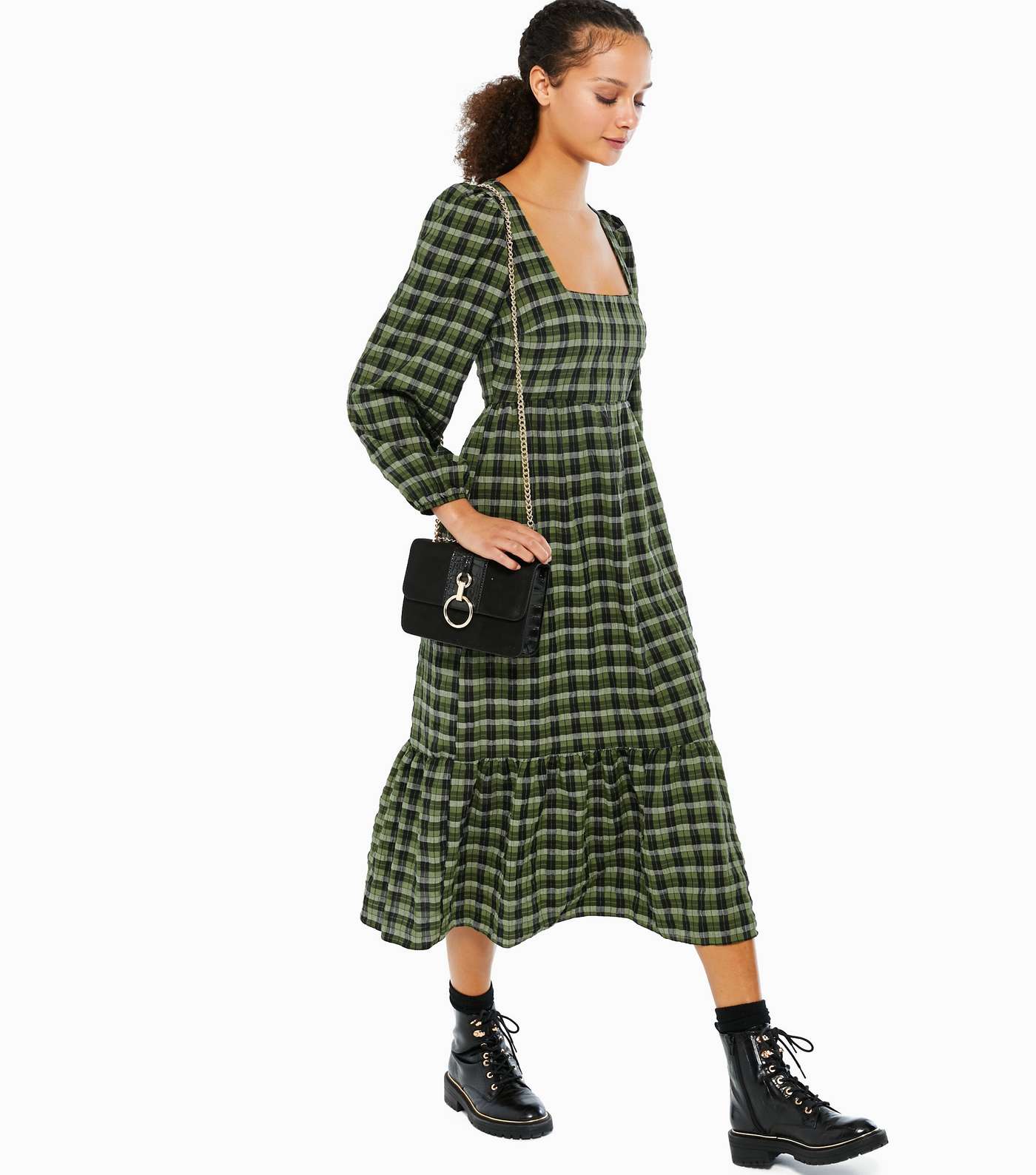 Green Check Square Neck Smock Midi Dress 