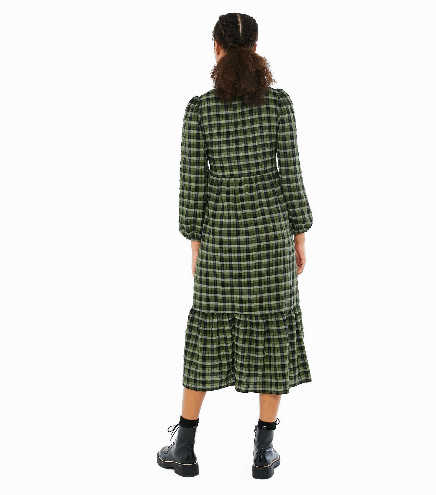 Green Check Square Neck Smock Midi Dress  Image 3