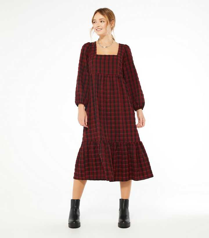 Dark Red Check Square Neck Smock Midi Dress