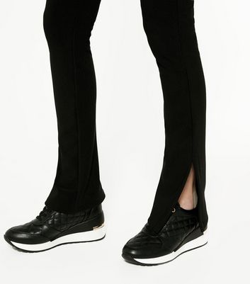 Black Ribbed High Waist Split Flared 