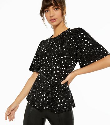 Image of Black Spot Flutter Sleeve Peplum Top New Look